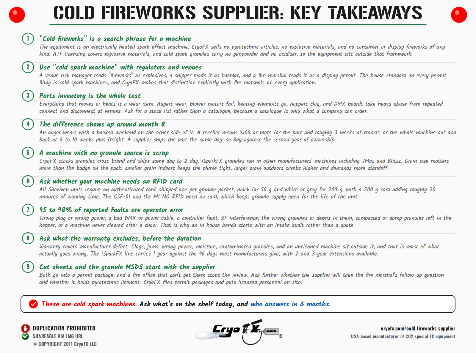 CryoFX Cold Spark Machine Cold Fireworks Supplier Key Takeaways