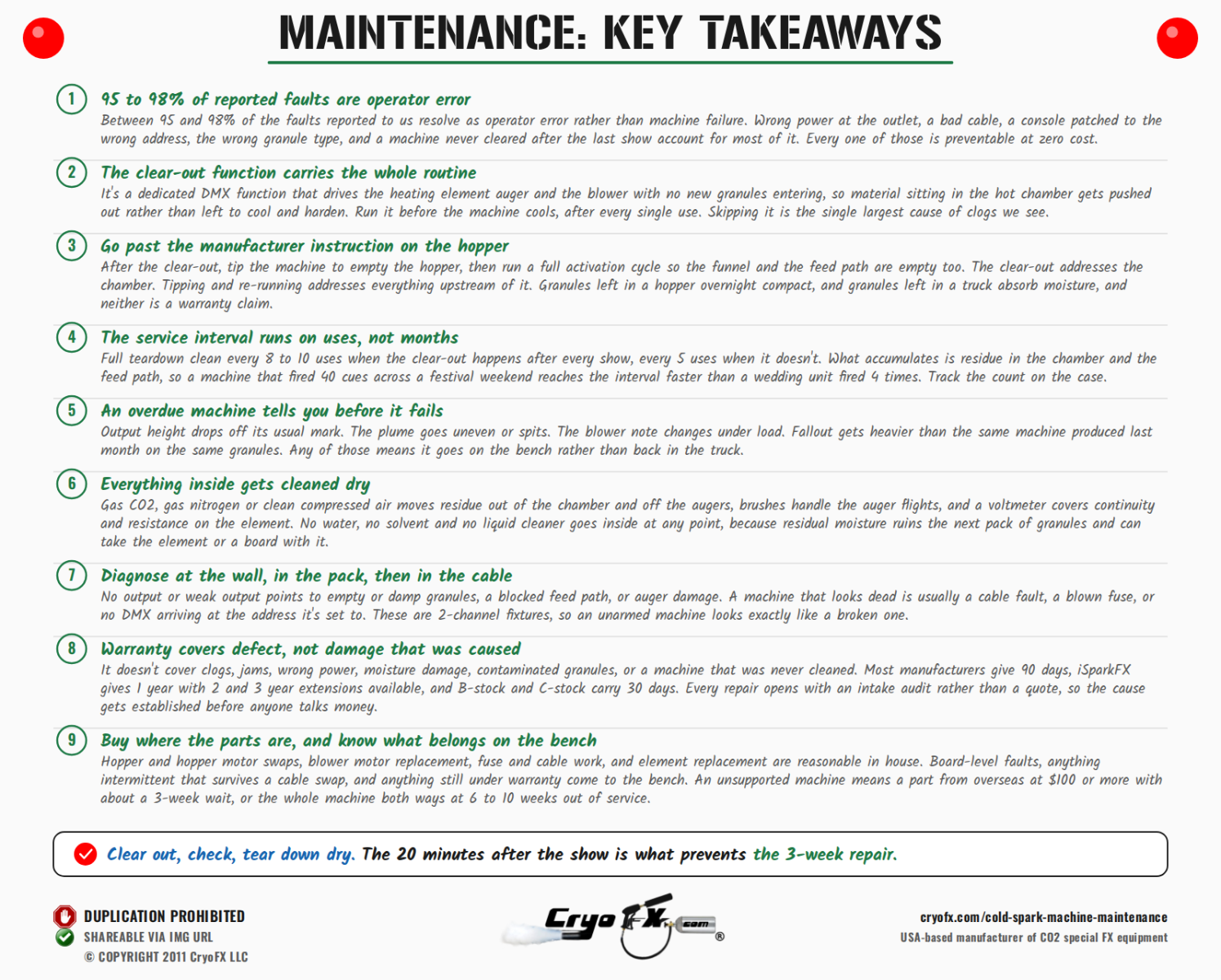 CryoFX Cold Spark Machine Maintenance Key Takeaways